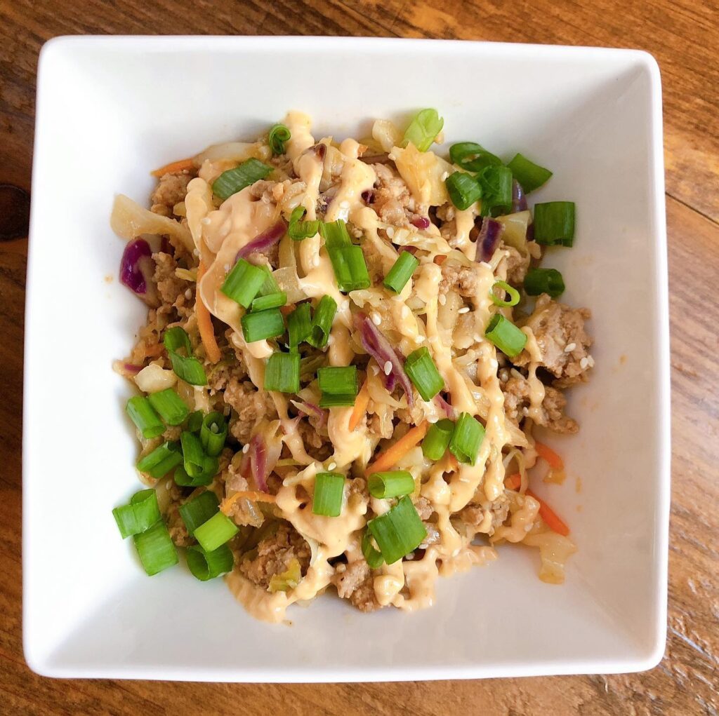 Egg Roll in a Bowl with Creamy Chili Sauce - Bright Sky Nutrition